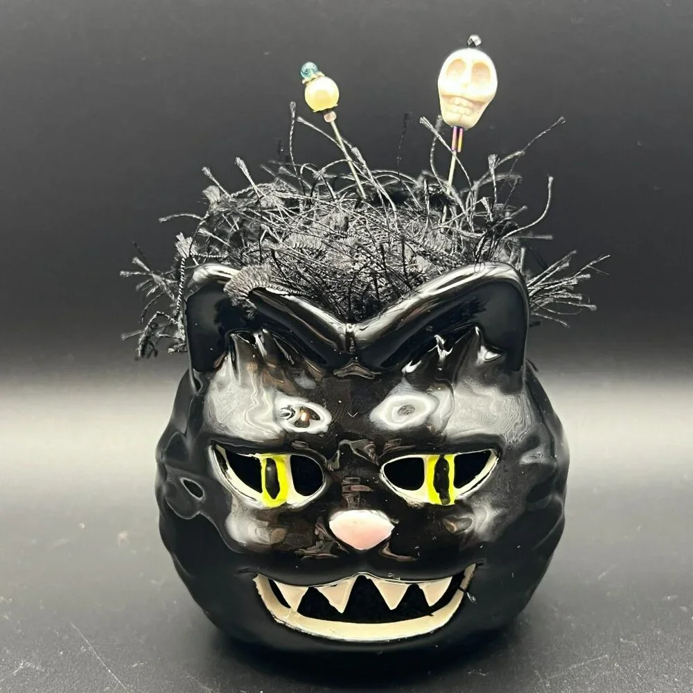 Ceramic Fierce Black Cat Pin‎ Cushion ~ Planter Pot Upcycled ~ Fun!